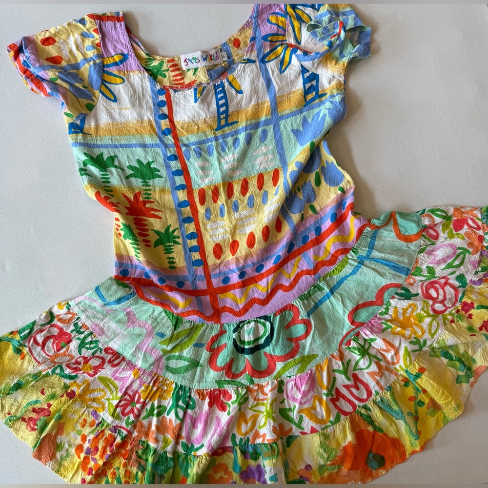 Vintage Jams World Women’s Small Hattie Dress Pastel Palm Trees Tropical Ruffles